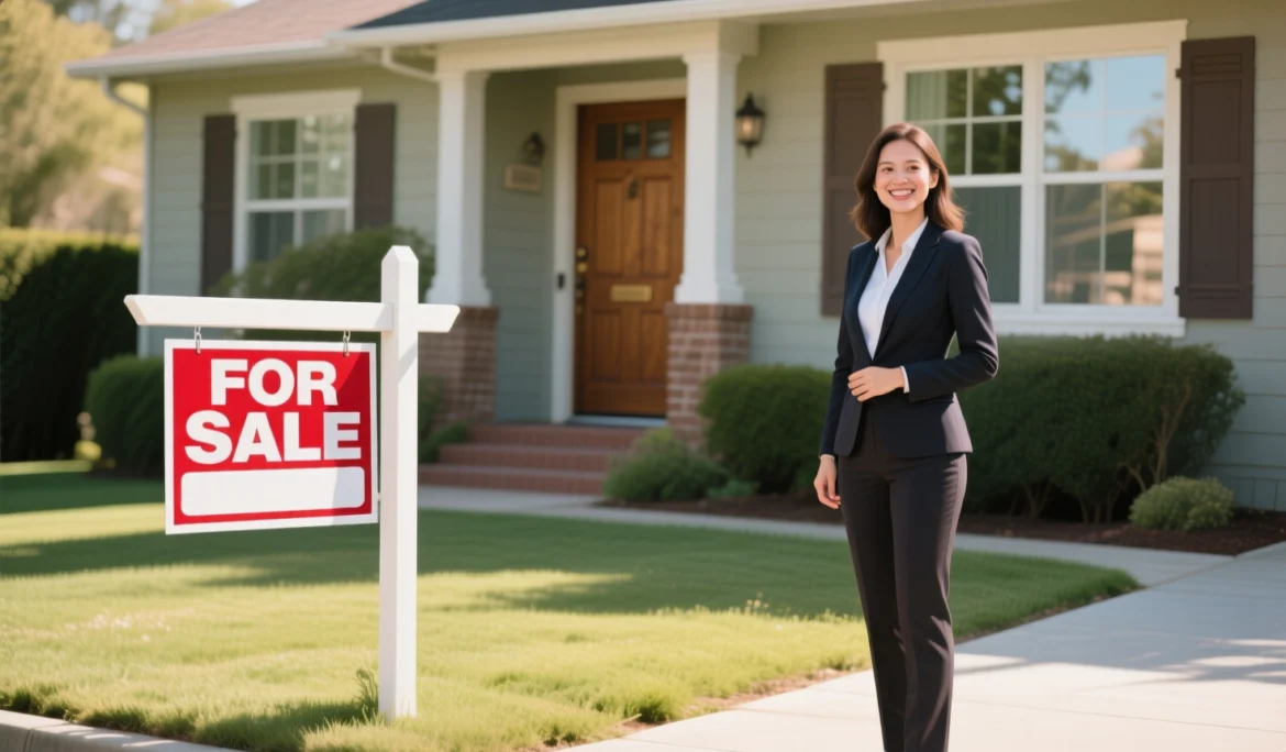 realtor smiles and stays near the selling house